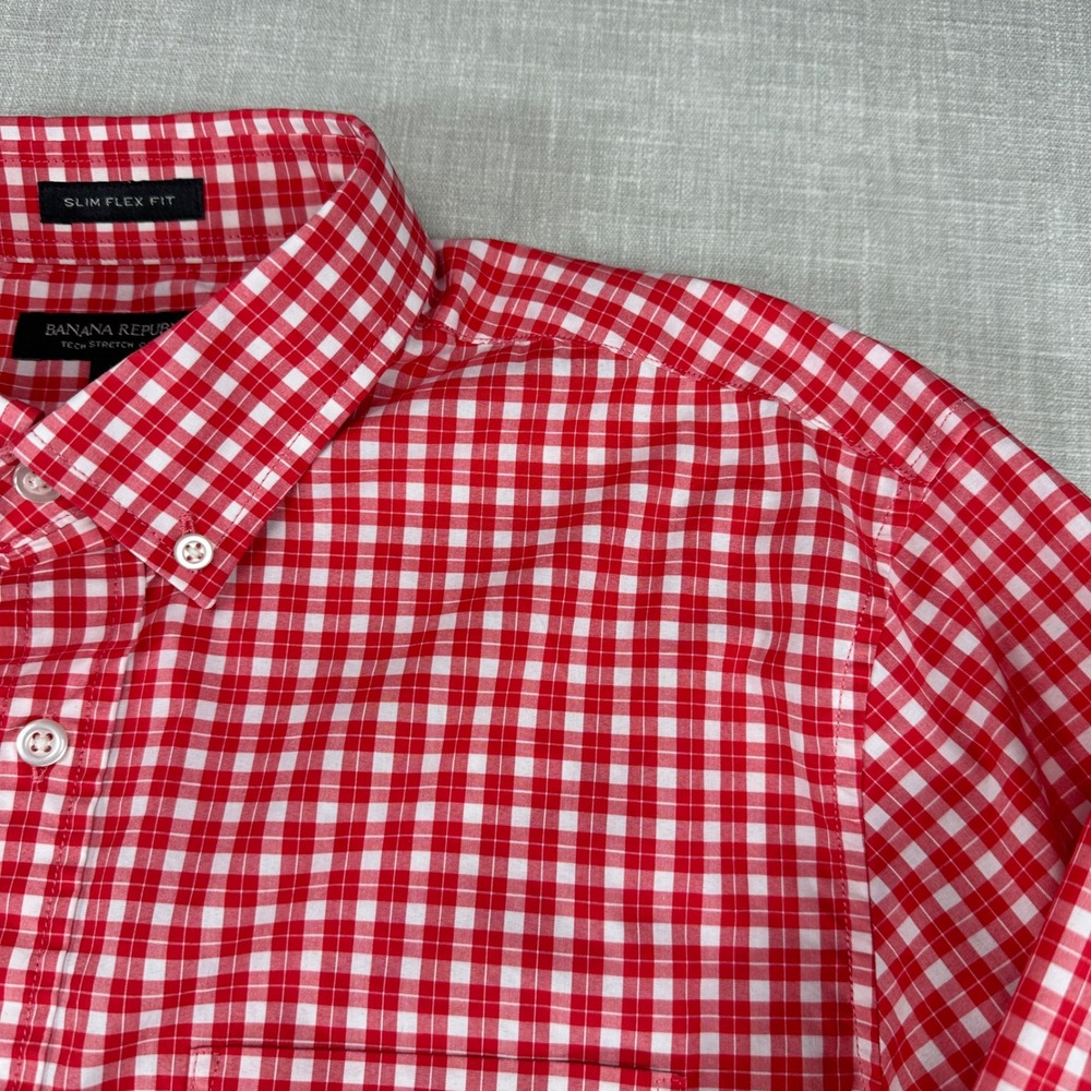 Banana Republic Button Down Mens M Red Gingham Slim Flex Fit Tech Stretch Cotton - Picture 9 of 14